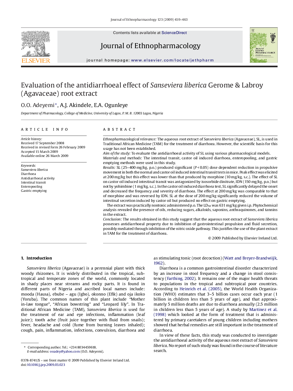 Evaluation of the antidiarrhoeal effect of Sanseviera liberica Gerome & Labroy (Agavaceae) root extract