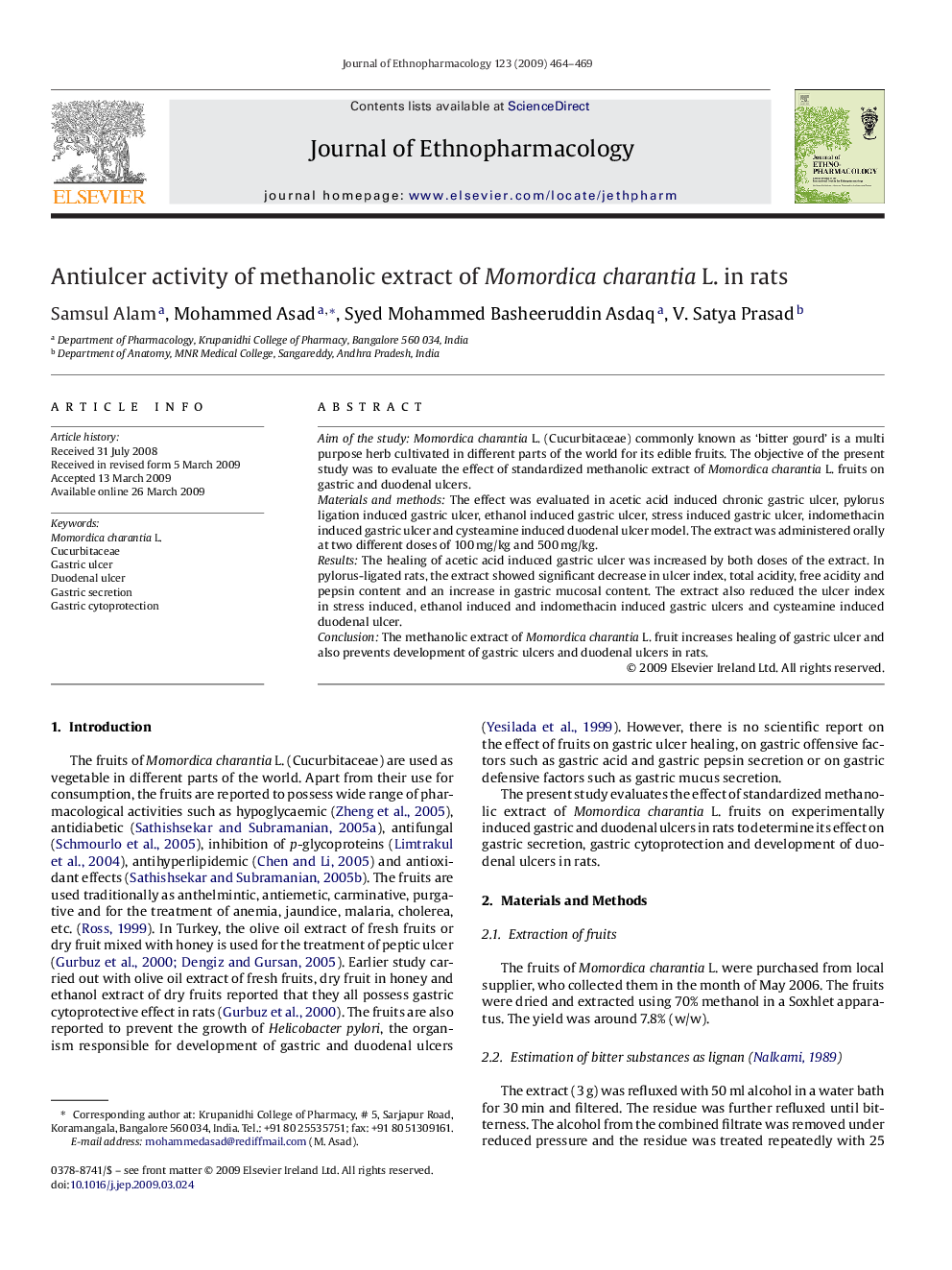 عکس صفحه اول مقاله: Antiulcer activity of methanolic extract of Momordica charantia L. in rats Antiulcer activity of methanolic extract of Momordica charantia L. in rats