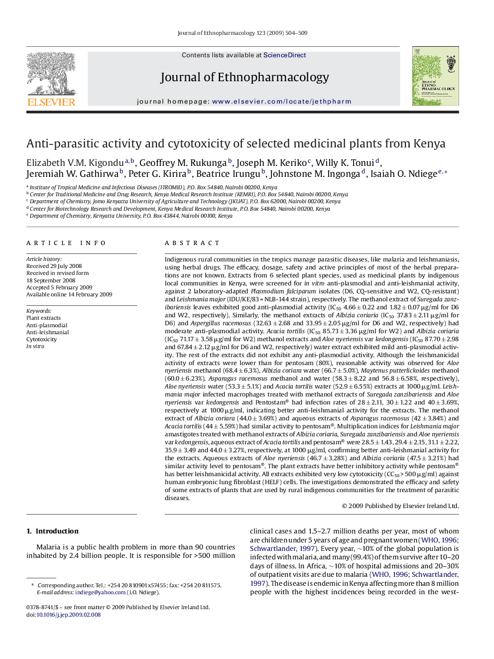 Anti-parasitic activity and cytotoxicity of selected medicinal plants from Kenya