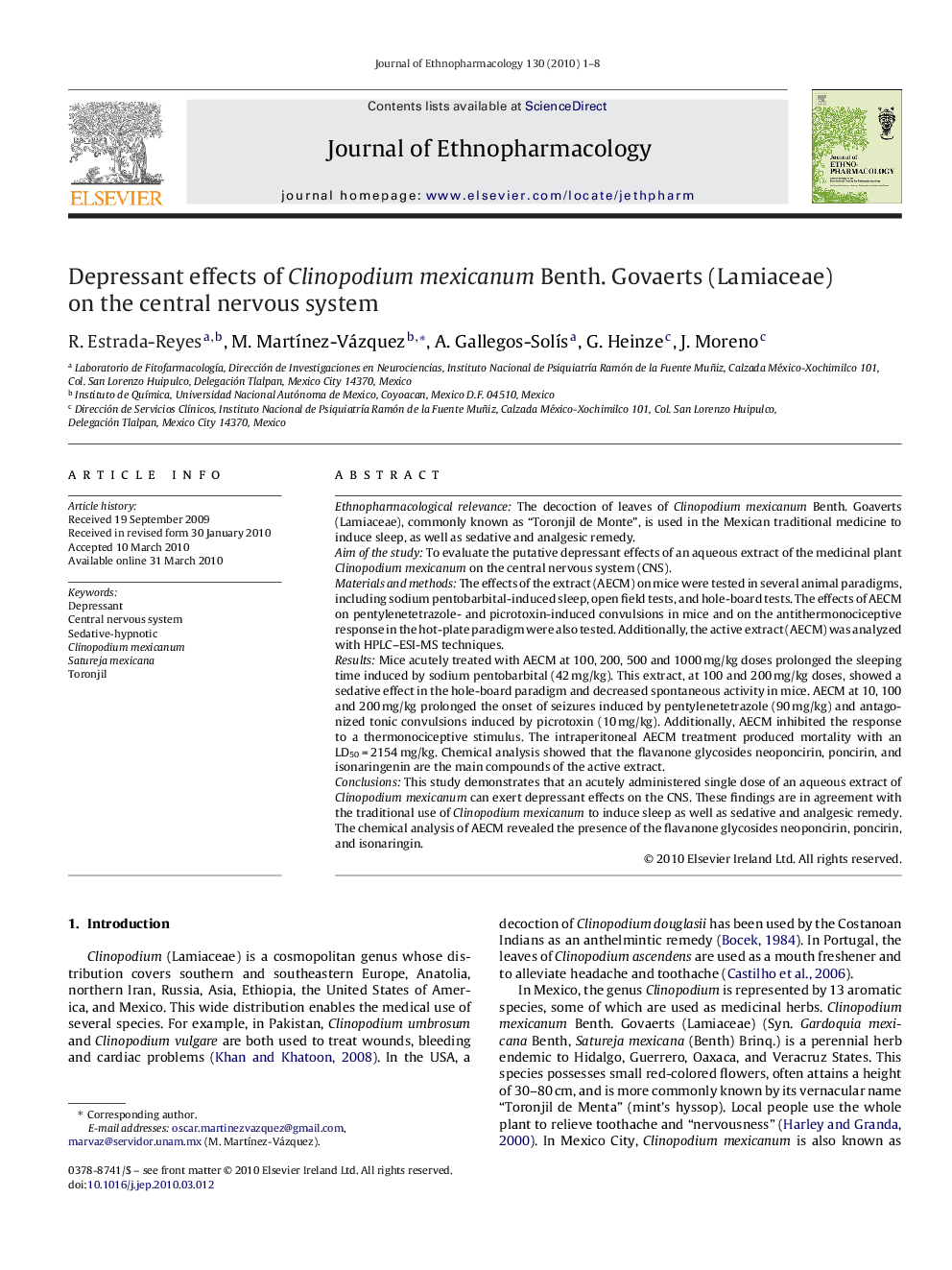 Depressant effects of Clinopodium mexicanum Benth. Govaerts (Lamiaceae) on the central nervous system