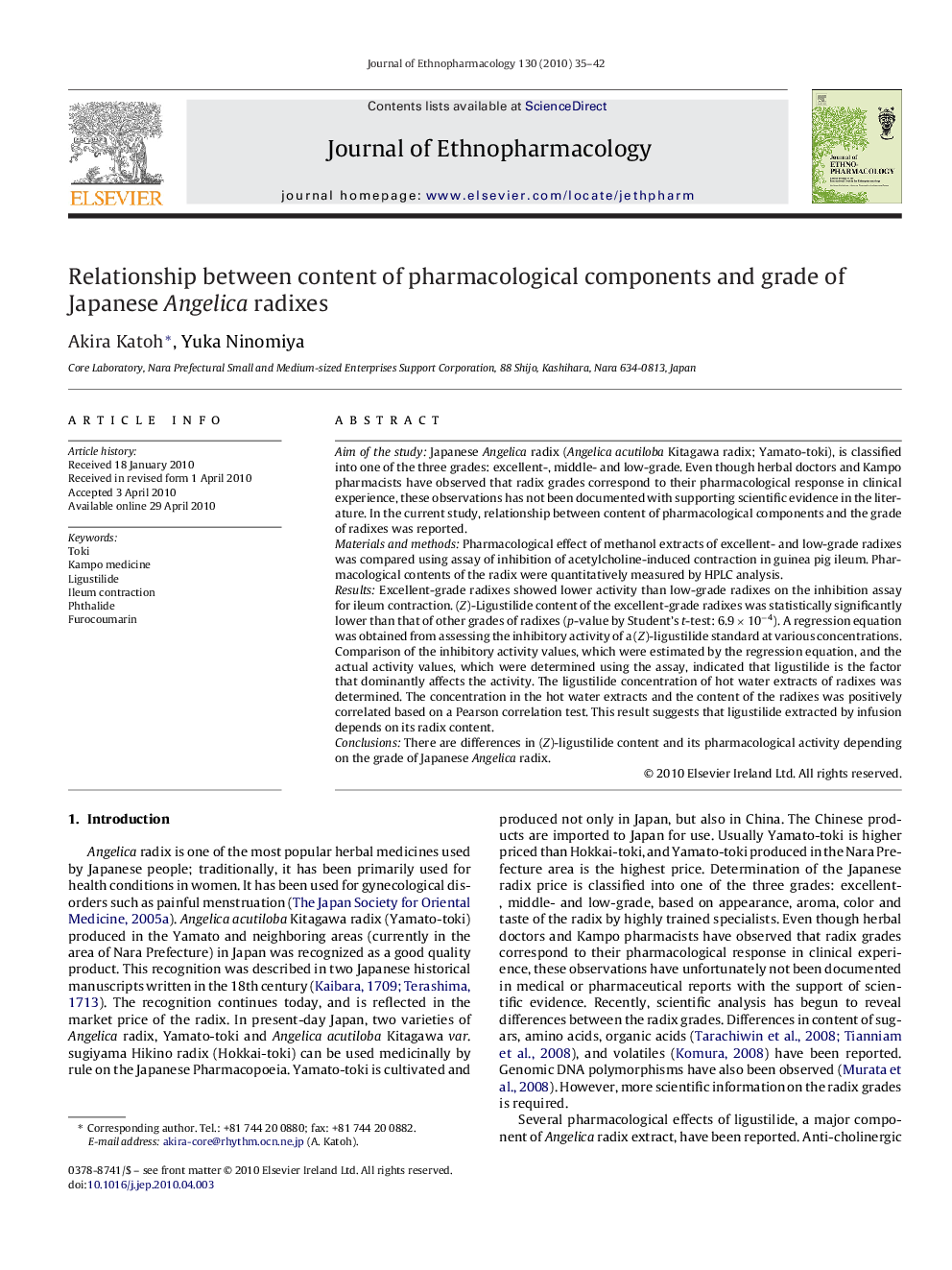 Relationship between content of pharmacological components and grade of Japanese Angelica radixes