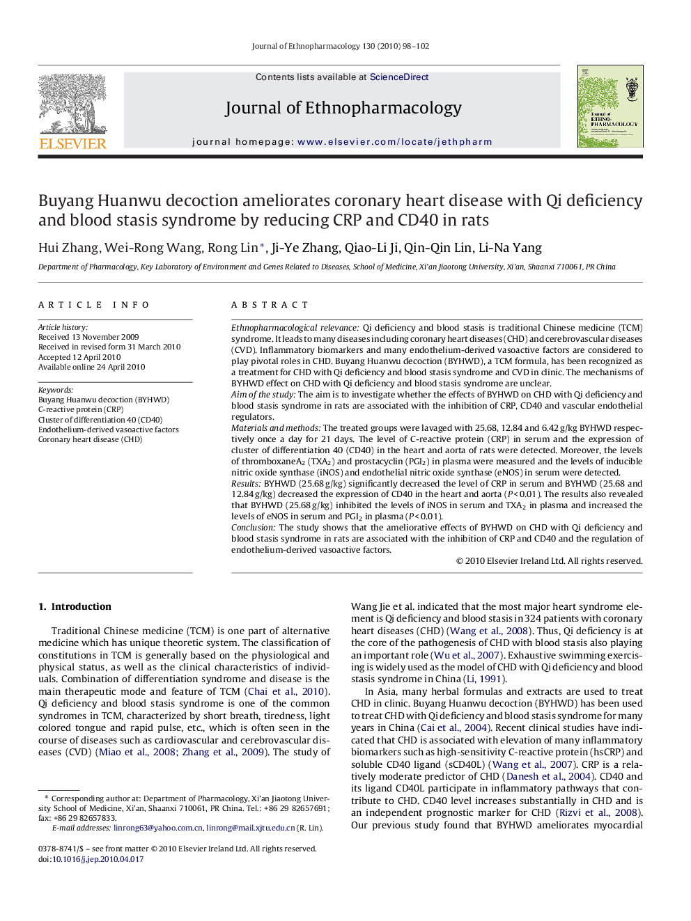 Buyang Huanwu decoction ameliorates coronary heart disease with Qi deficiency and blood stasis syndrome by reducing CRP and CD40 in rats