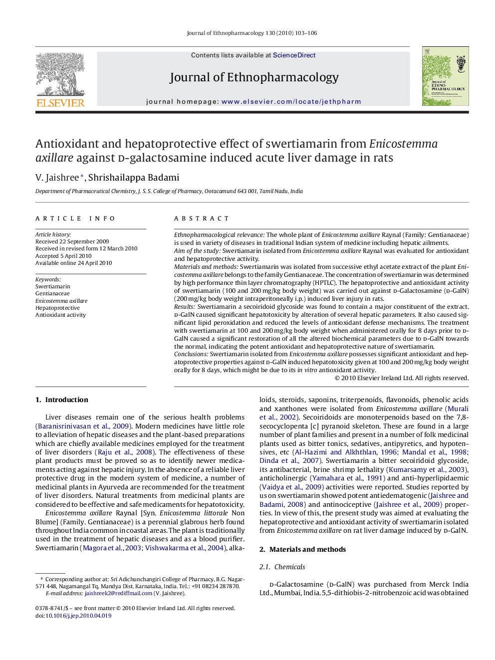 Antioxidant and hepatoprotective effect of swertiamarin from Enicostemma axillare against d-galactosamine induced acute liver damage in rats