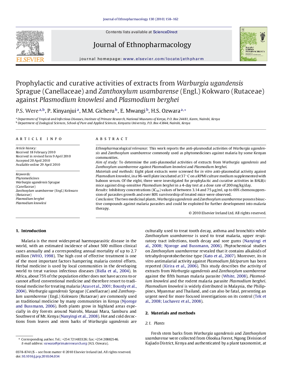 عکس صفحه اول مقاله: Prophylactic and curative activities of extracts from Warburgia ugandensis Sprague (Canellaceae) and Zanthoxylum usambarense (Engl.) Kokwaro (Rutaceae) against Plasmodium knowlesi and Plasmodium berghei Prophylactic and curative activities of extracts from Warburgia ugandensis Sprague (Canellaceae) and Zanthoxylum usambarense (Engl.) Kokwaro (Rutaceae) against Plasmodium knowlesi and Plasmodium berghei