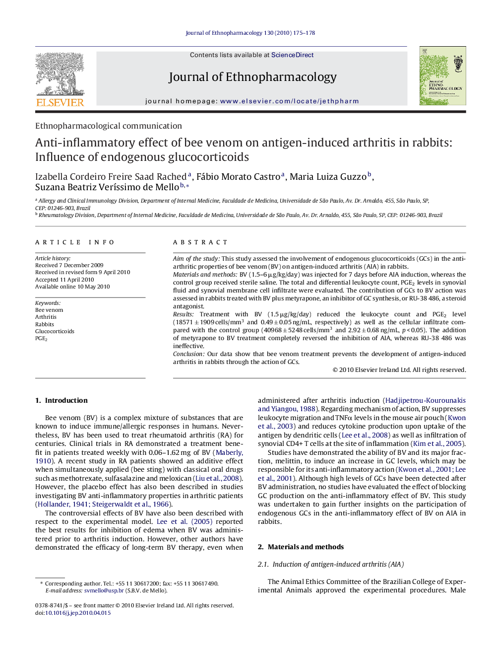 Anti-inflammatory effect of bee venom on antigen-induced arthritis in rabbits: Influence of endogenous glucocorticoids