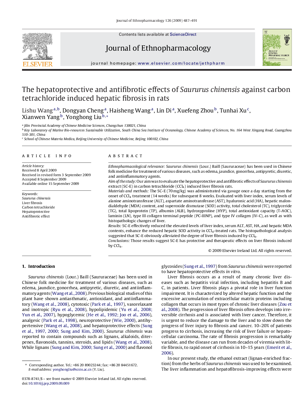 The hepatoprotective and antifibrotic effects of Saururus chinensis against carbon tetrachloride induced hepatic fibrosis in rats