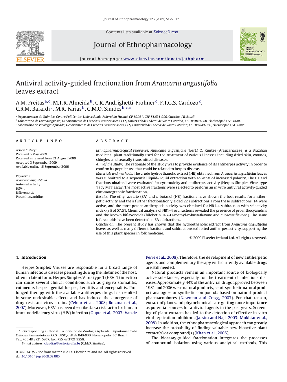 Antiviral activity-guided fractionation from Araucaria angustifolia leaves extract