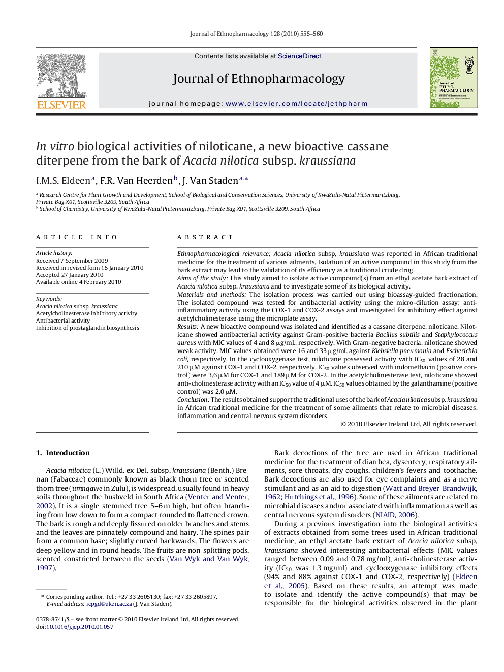 In vitro biological activities of niloticane, a new bioactive cassane diterpene from the bark of Acacia nilotica subsp. kraussiana