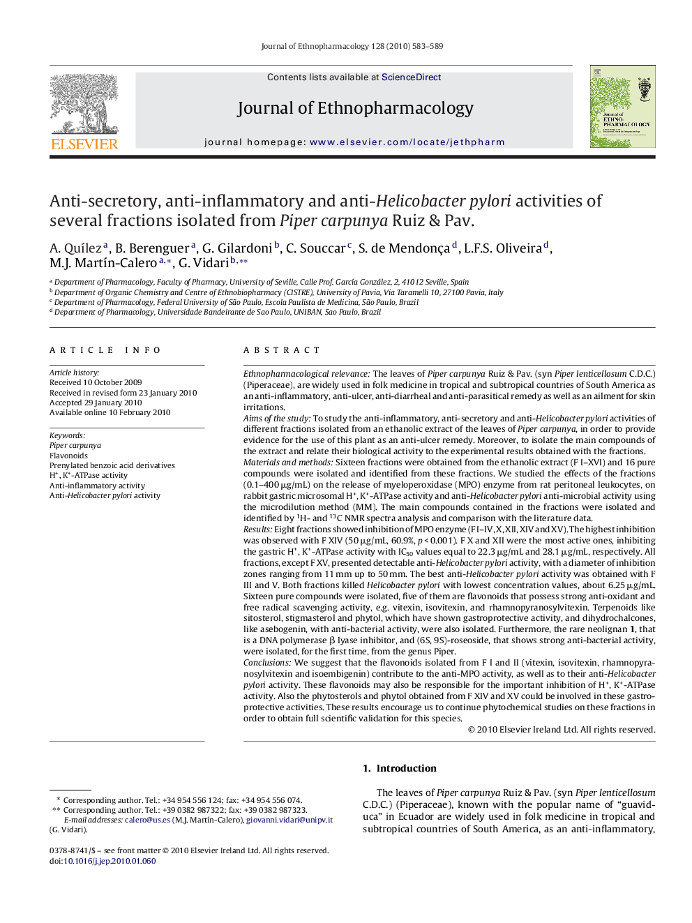 Anti-secretory, anti-inflammatory and anti-Helicobacter pylori activities of several fractions isolated from Piper carpunya Ruiz & Pav.