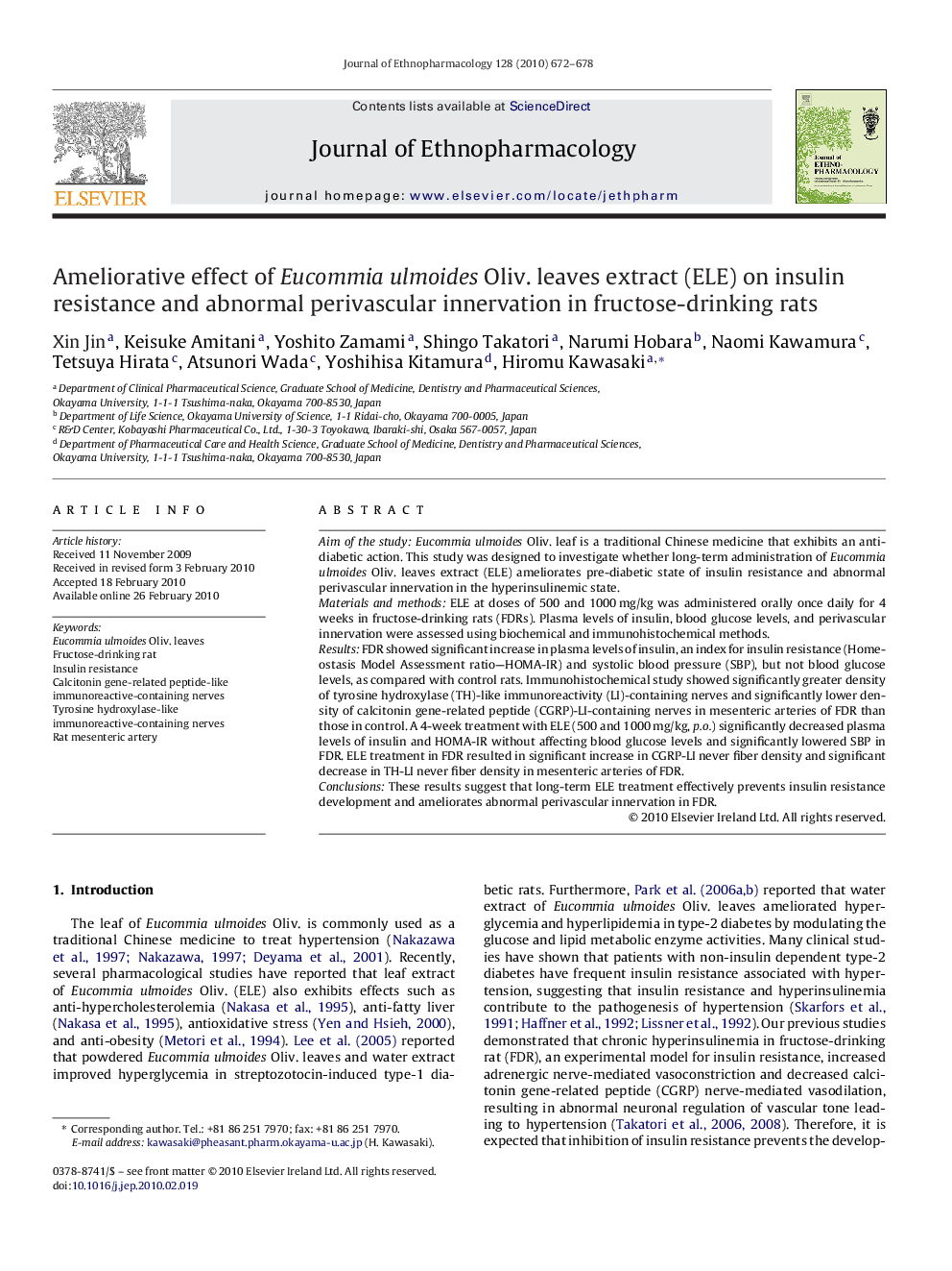 Ameliorative effect of Eucommia ulmoides Oliv. leaves extract (ELE) on insulin resistance and abnormal perivascular innervation in fructose-drinking rats