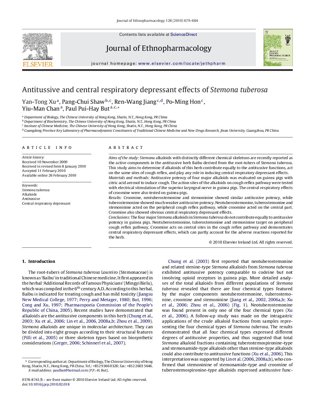 Antitussive and central respiratory depressant effects of Stemona tuberosa