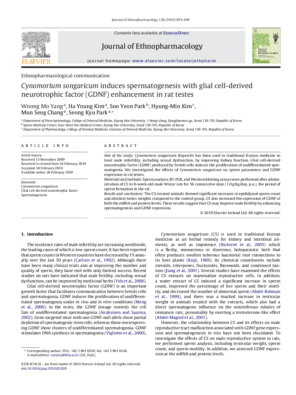 Cynomorium songaricum induces spermatogenesis with glial cell-derived neurotrophic factor (GDNF) enhancement in rat testes