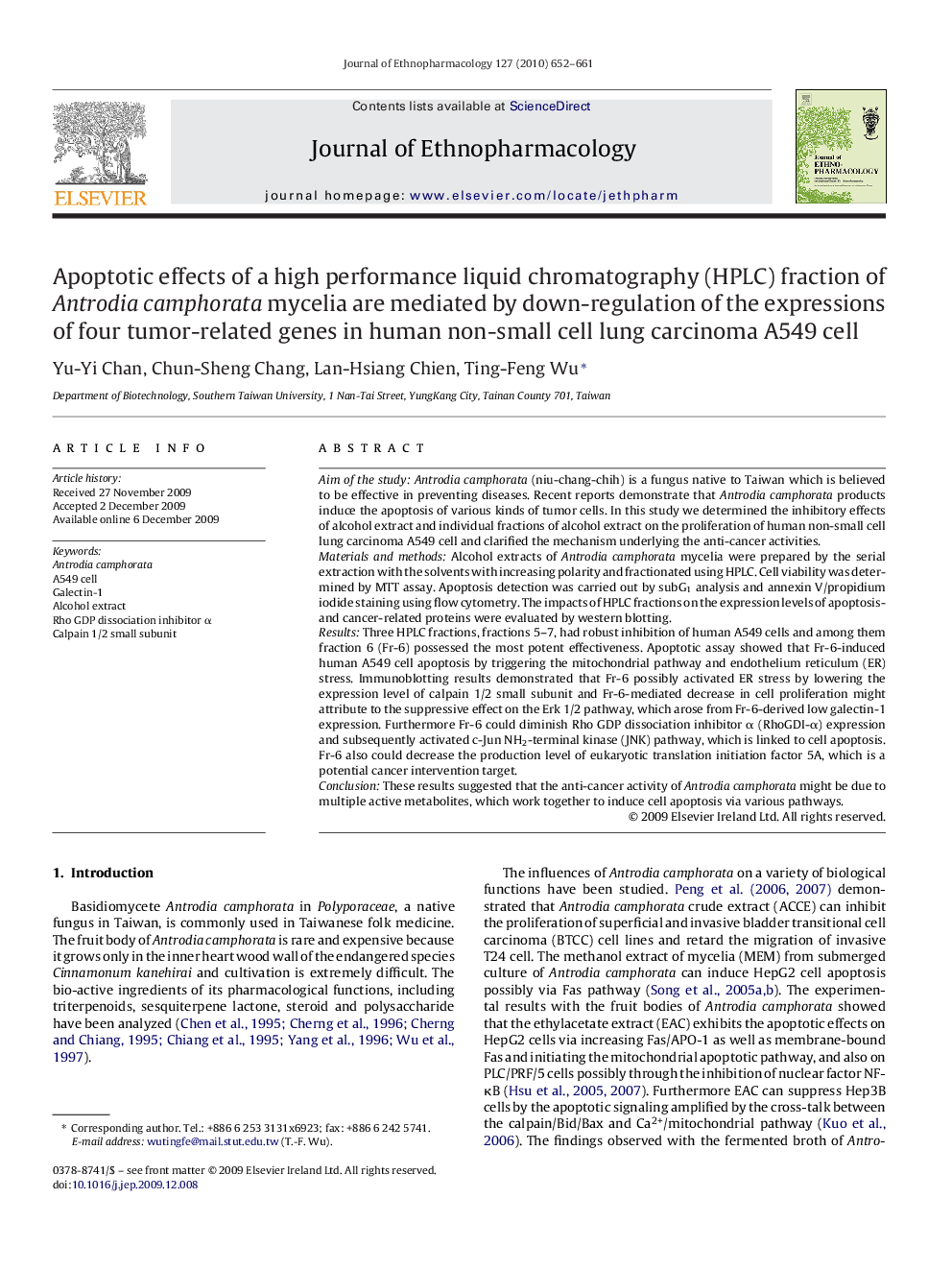 Apoptotic effects of a high performance liquid chromatography (HPLC) fraction of Antrodia camphorata mycelia are mediated by down-regulation of the expressions of four tumor-related genes in human non-small cell lung carcinoma A549 cell