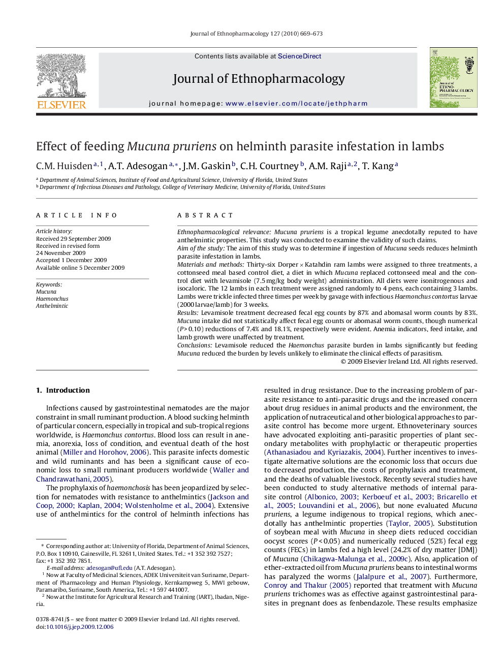 Effect of feeding Mucuna pruriens on helminth parasite infestation in lambs