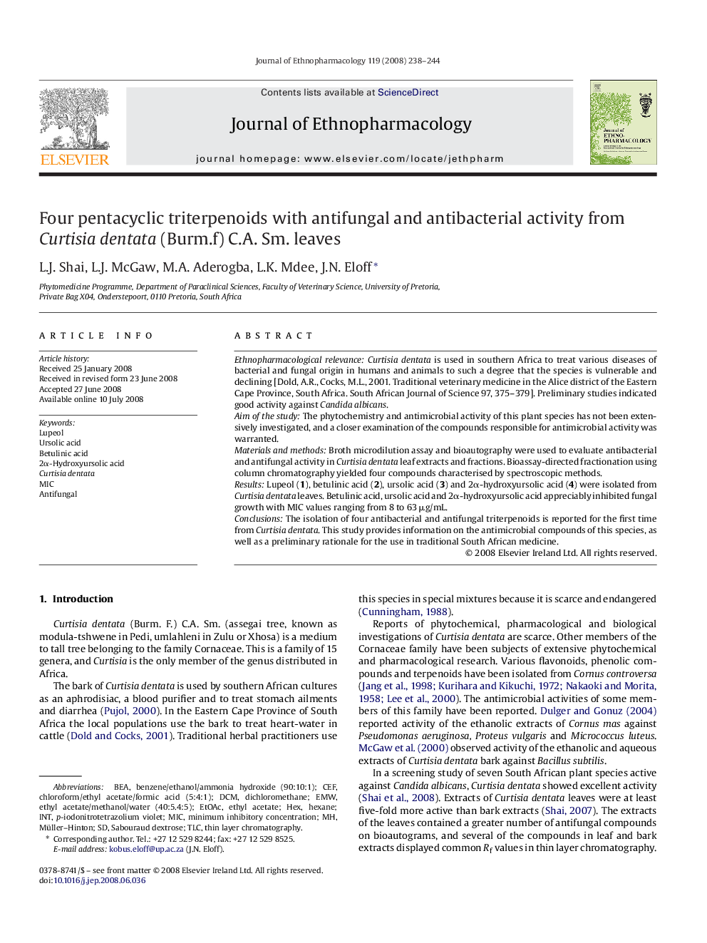 Four pentacyclic triterpenoids with antifungal and antibacterial activity from Curtisia dentata (Burm.f) C.A. Sm. leaves