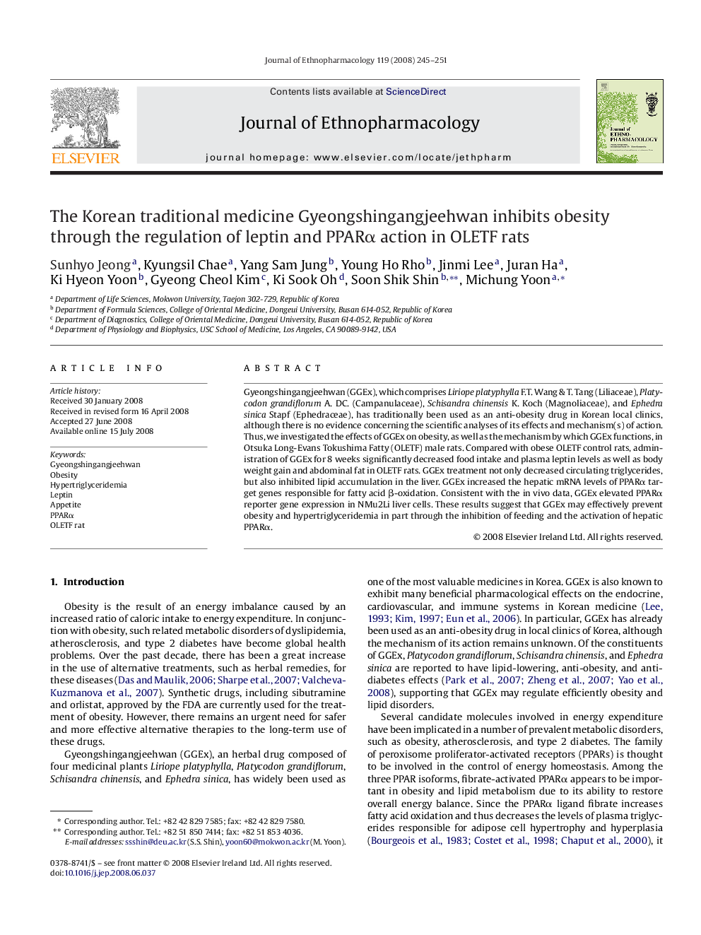 The Korean traditional medicine Gyeongshingangjeehwan inhibits obesity through the regulation of leptin and PPARα action in OLETF rats