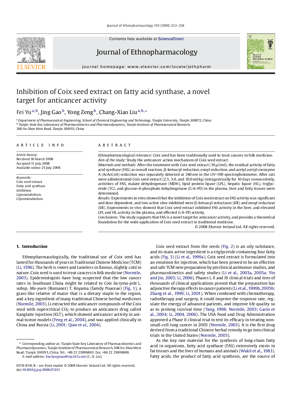 Inhibition of Coix seed extract on fatty acid synthase, a novel target for anticancer activity