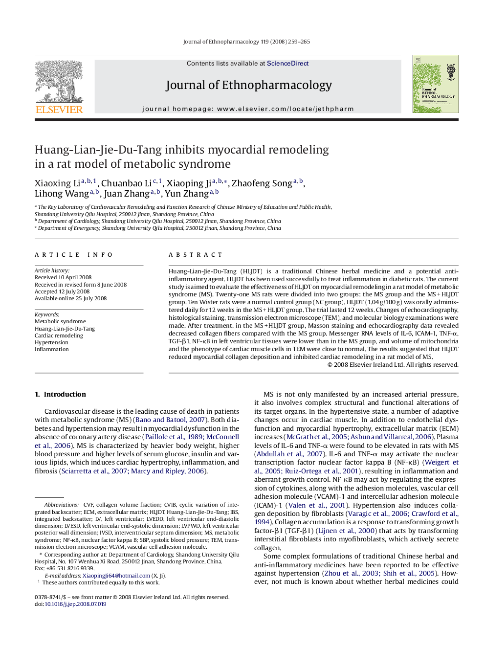 Huang-Lian-Jie-Du-Tang inhibits myocardial remodeling in a rat model of metabolic syndrome