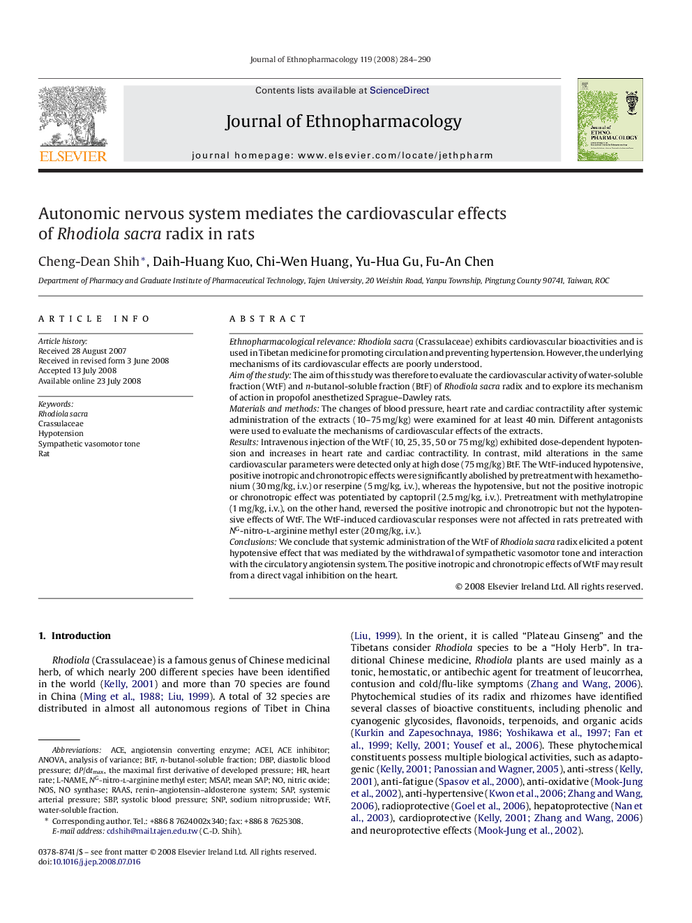 Autonomic nervous system mediates the cardiovascular effects of Rhodiola sacra radix in rats