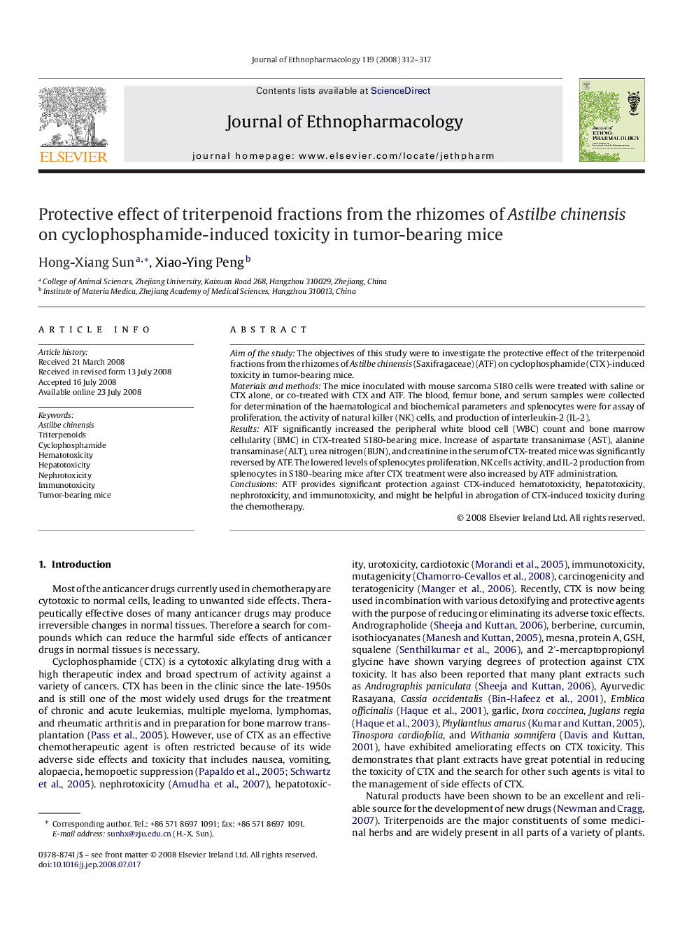 Protective effect of triterpenoid fractions from the rhizomes of Astilbe chinensis on cyclophosphamide-induced toxicity in tumor-bearing mice