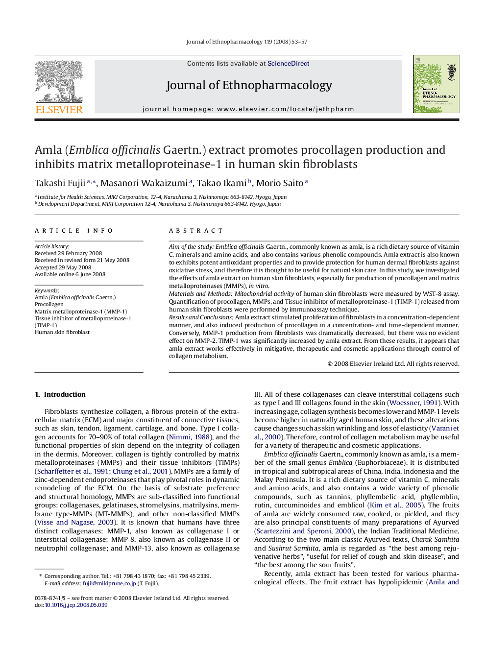 Amla (Emblica officinalis Gaertn.) extract promotes procollagen production and inhibits matrix metalloproteinase-1 in human skin fibroblasts