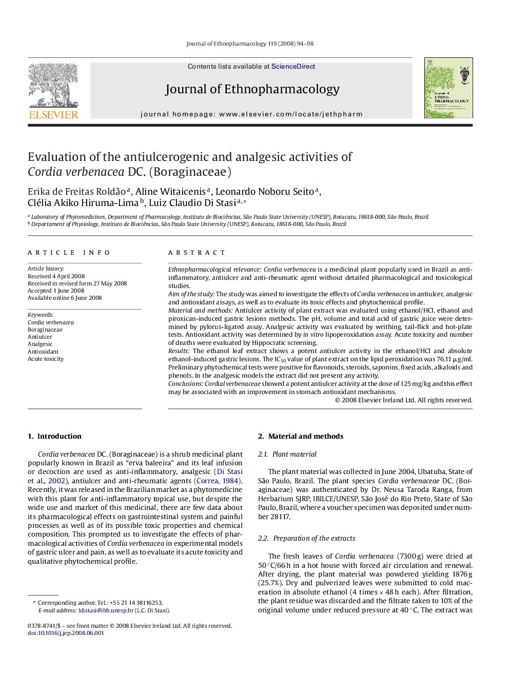 Evaluation of the antiulcerogenic and analgesic activities of Cordia verbenacea DC. (Boraginaceae)