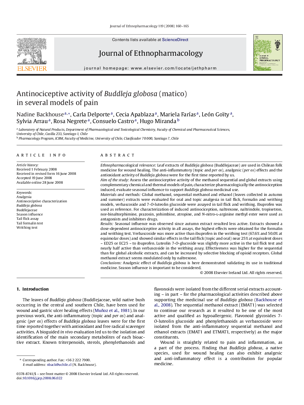 Antinociceptive activity of Buddleja globosa (matico) in several models of pain