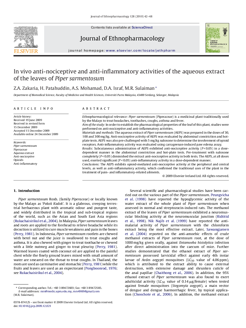 In vivo anti-nociceptive and anti-inflammatory activities of the aqueous extract of the leaves of Piper sarmentosum