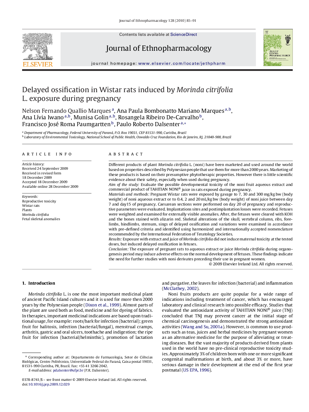 Delayed ossification in Wistar rats induced by Morinda citrifolia L. exposure during pregnancy