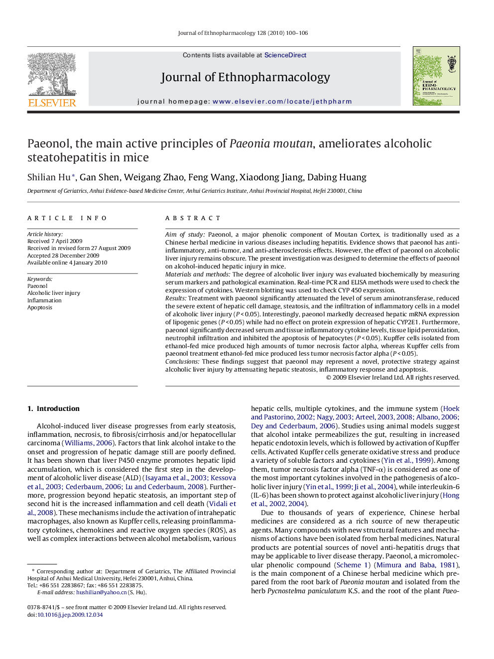 Paeonol, the main active principles of Paeonia moutan, ameliorates alcoholic steatohepatitis in mice