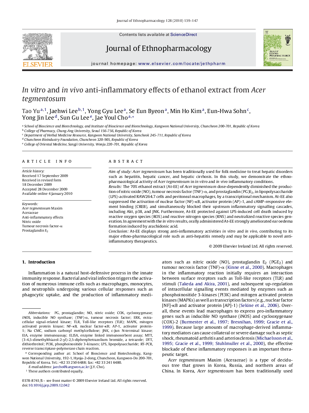 In vitro and in vivo anti-inflammatory effects of ethanol extract from Acer tegmentosum