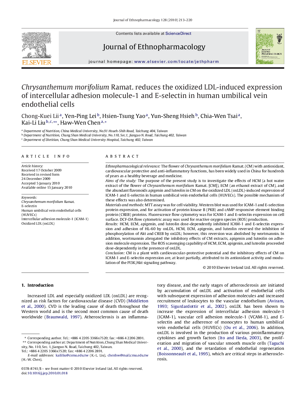 Chrysanthemum morifolium Ramat. reduces the oxidized LDL-induced expression of intercellular adhesion molecule-1 and E-selectin in human umbilical vein endothelial cells