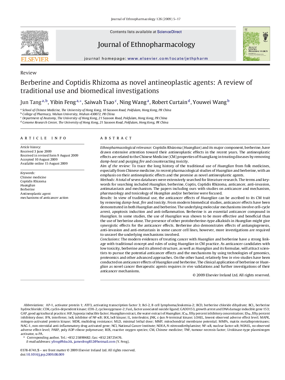 Berberine and Coptidis Rhizoma as novel antineoplastic agents: A review of traditional use and biomedical investigations