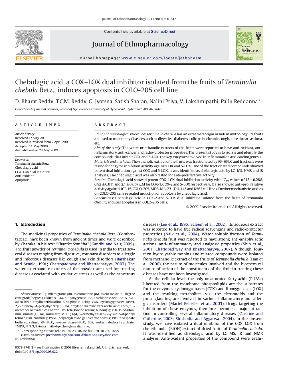 Chebulagic acid, a COX–LOX dual inhibitor isolated from the fruits of Terminalia chebula Retz., induces apoptosis in COLO-205 cell line