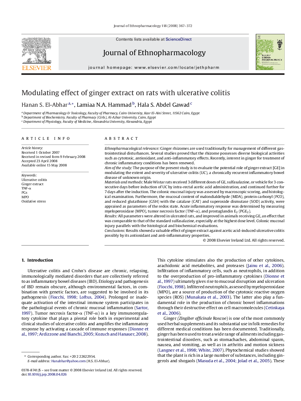 Modulating effect of ginger extract on rats with ulcerative colitis