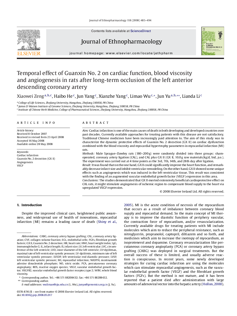 Temporal effect of Guanxin No. 2 on cardiac function, blood viscosity and angiogenesis in rats after long-term occlusion of the left anterior descending coronary artery