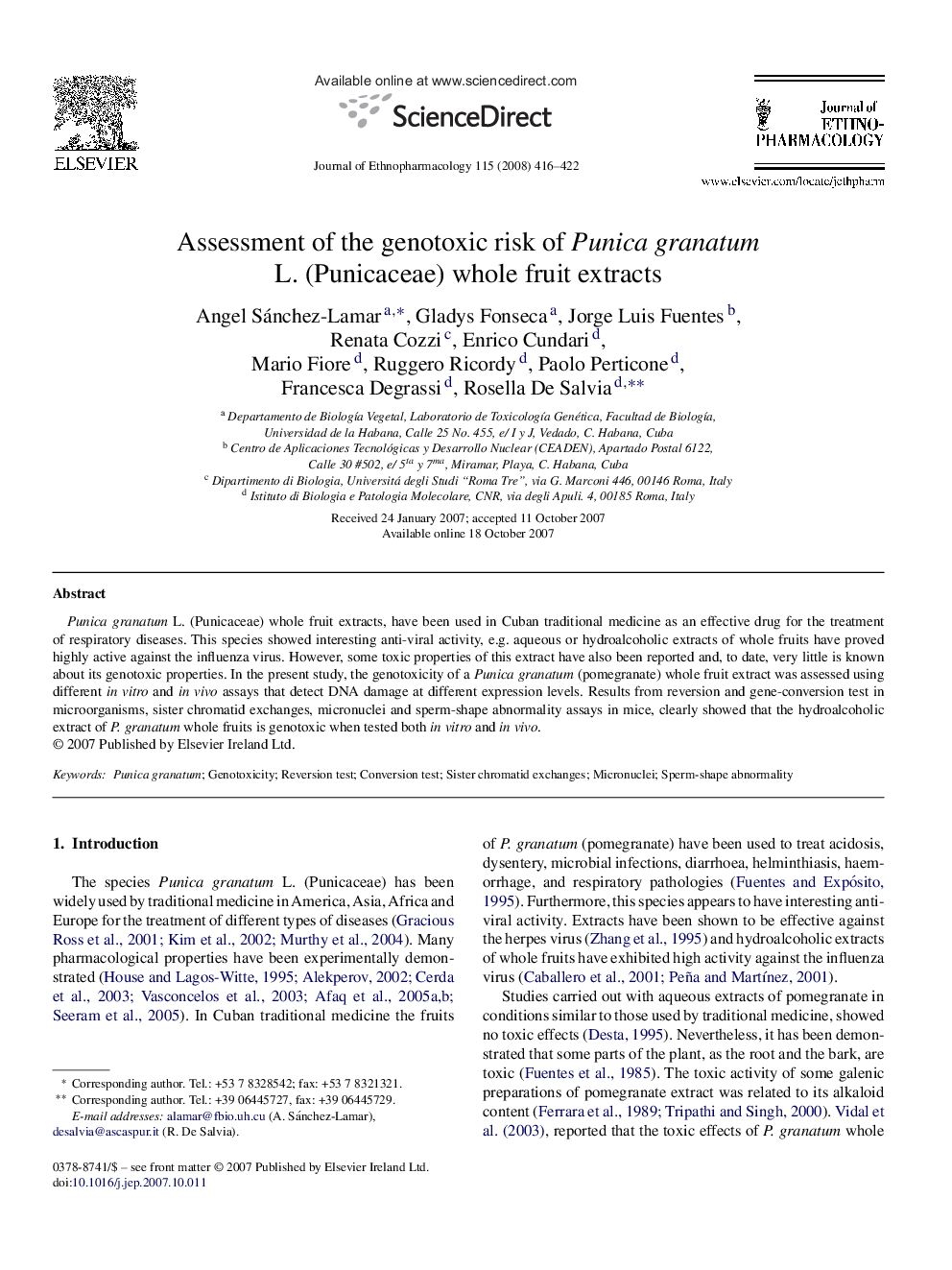 Assessment of the genotoxic risk of Punica granatum L. (Punicaceae) whole fruit extracts