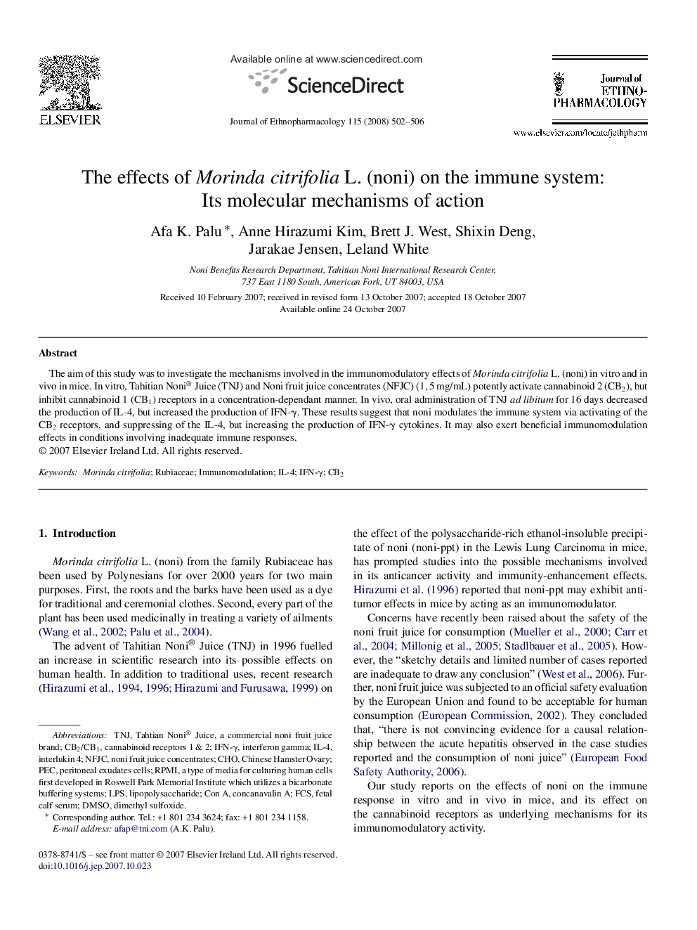 The effects of Morinda citrifolia L. (noni) on the immune system: Its molecular mechanisms of action