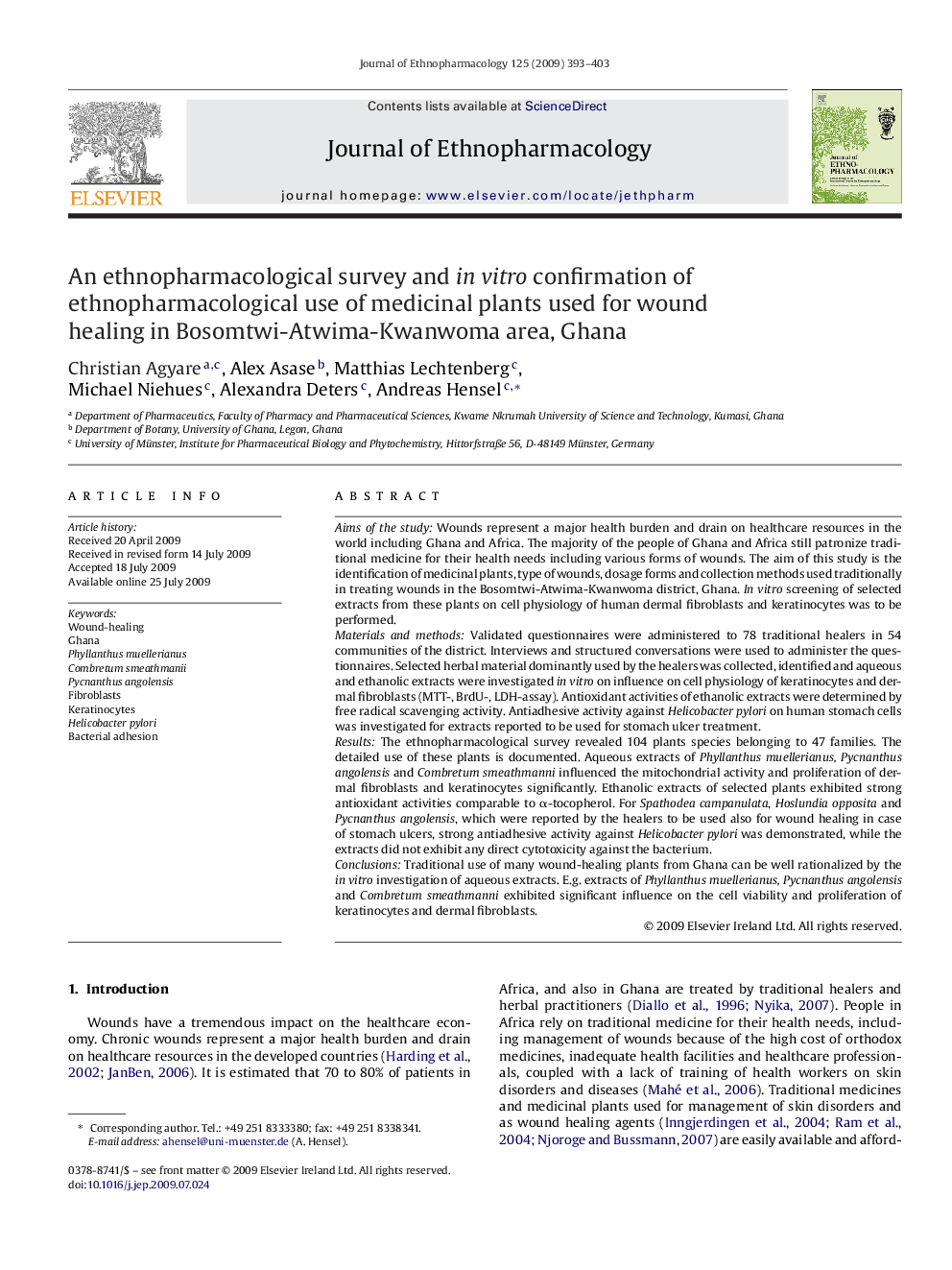 An ethnopharmacological survey and in vitro confirmation of ethnopharmacological use of medicinal plants used for wound healing in Bosomtwi-Atwima-Kwanwoma area, Ghana