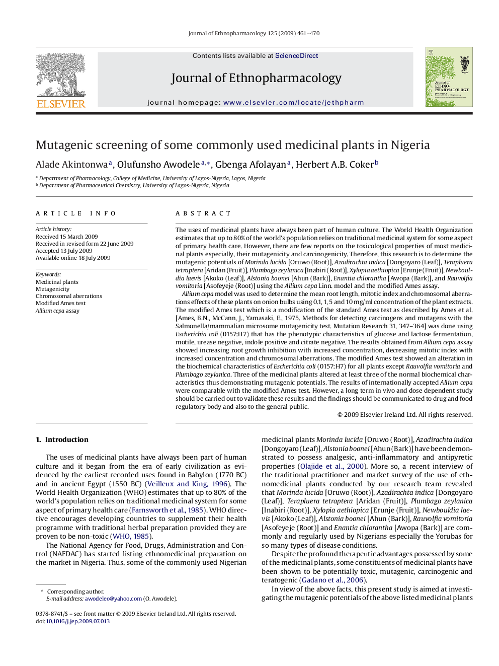 Mutagenic screening of some commonly used medicinal plants in Nigeria