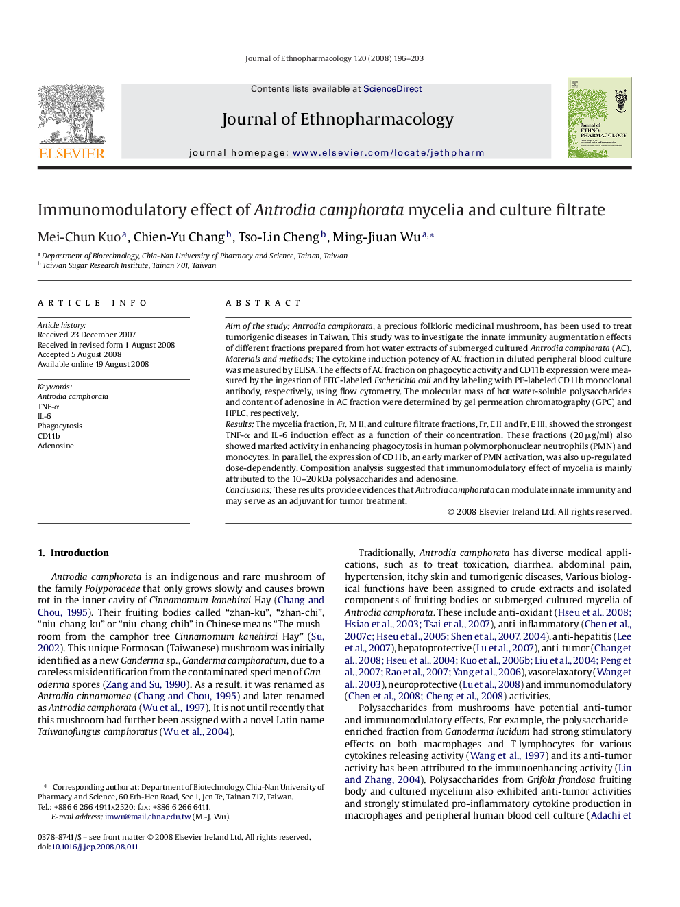 Immunomodulatory effect of Antrodia camphorata mycelia and culture filtrate