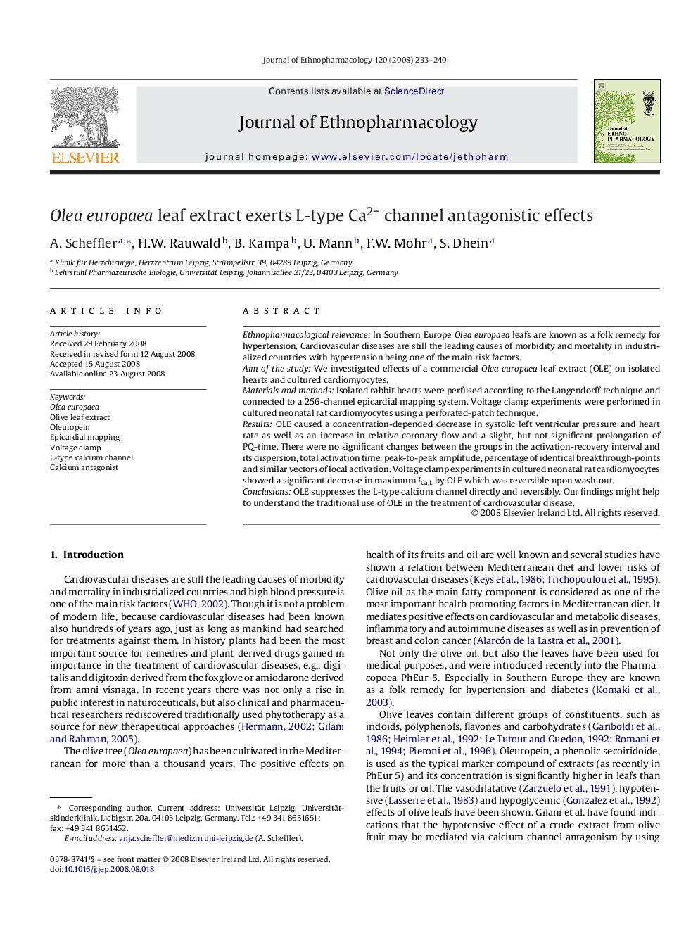 Olea europaea leaf extract exerts L-type Ca2+ channel antagonistic effects