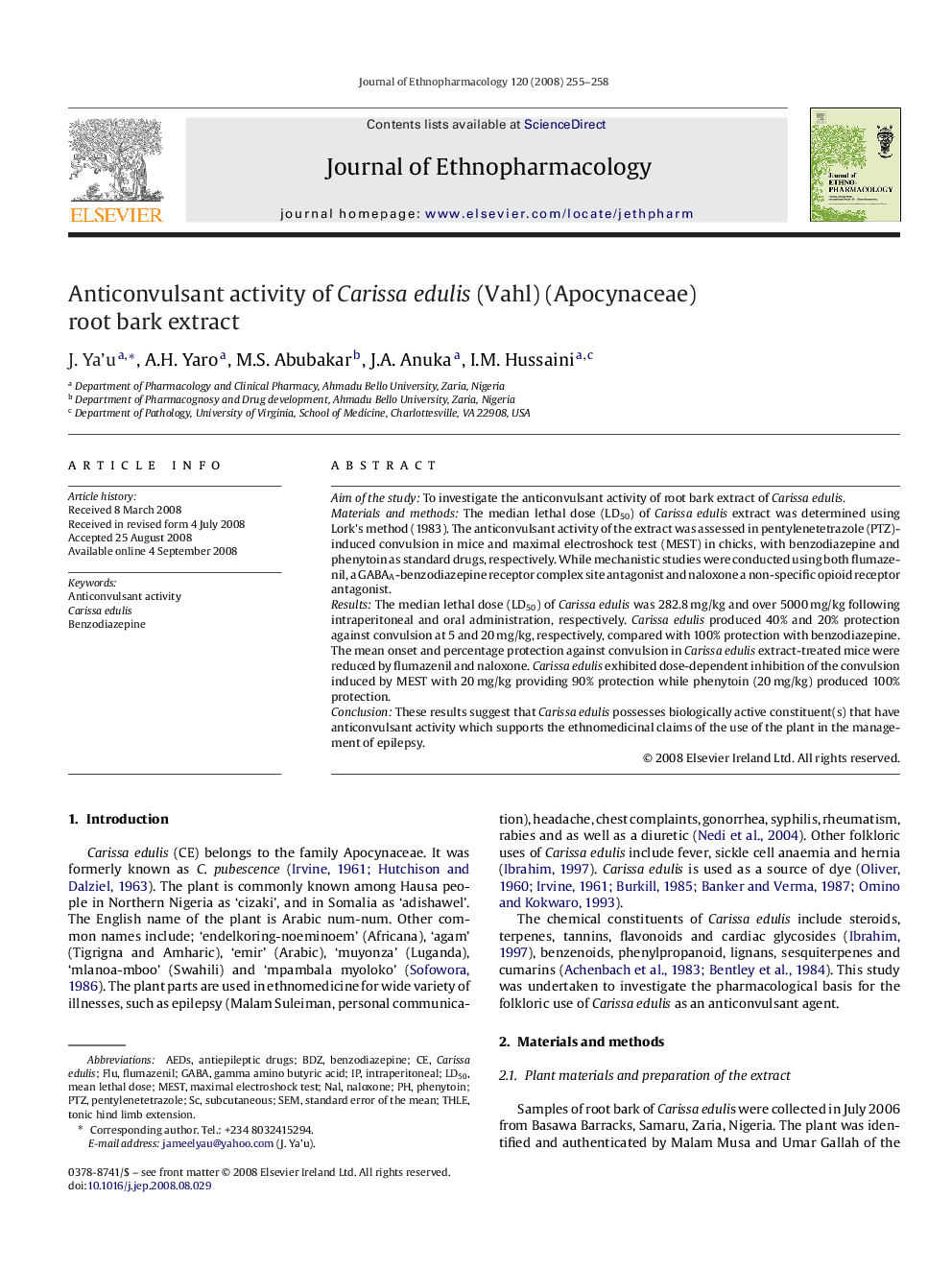 Anticonvulsant activity of Carissa edulis (Vahl) (Apocynaceae) root bark extract