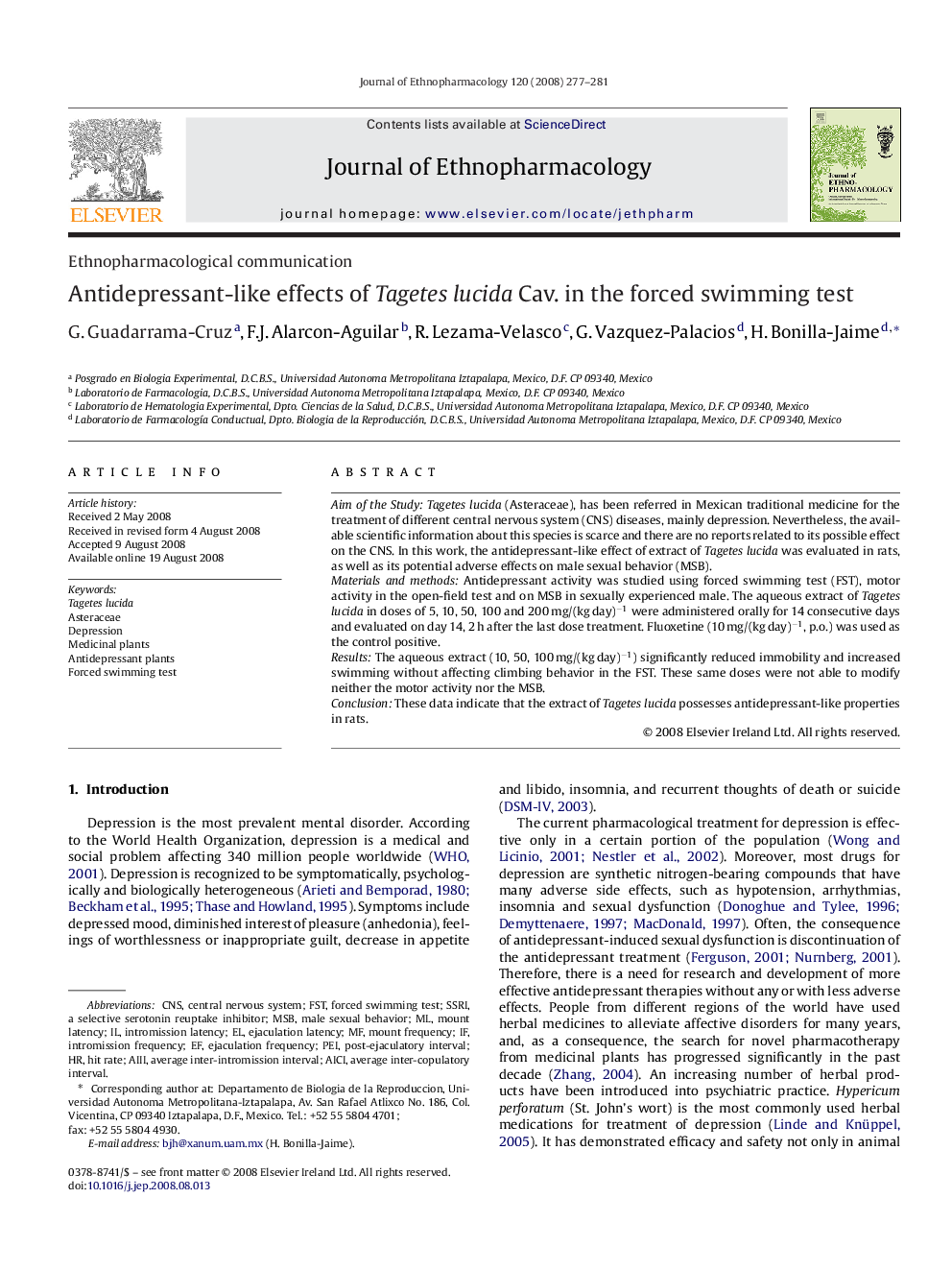 Antidepressant-like effects of Tagetes lucida Cav. in the forced swimming test