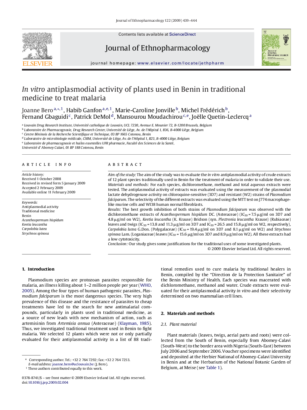 In vitro antiplasmodial activity of plants used in Benin in traditional medicine to treat malaria