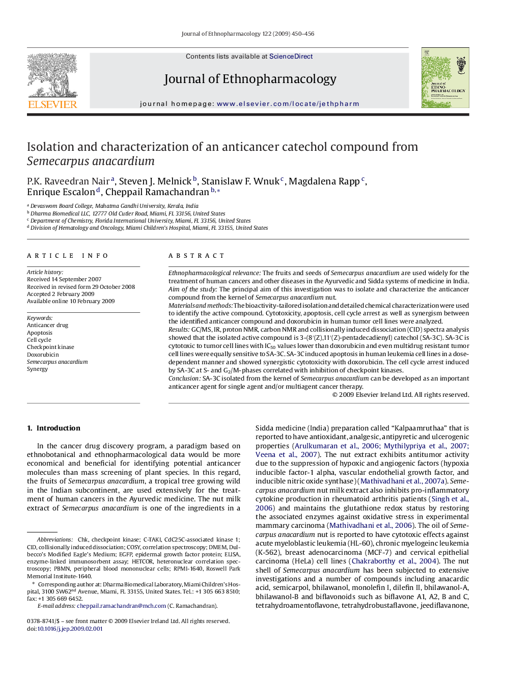 Isolation and characterization of an anticancer catechol compound from Semecarpus anacardium