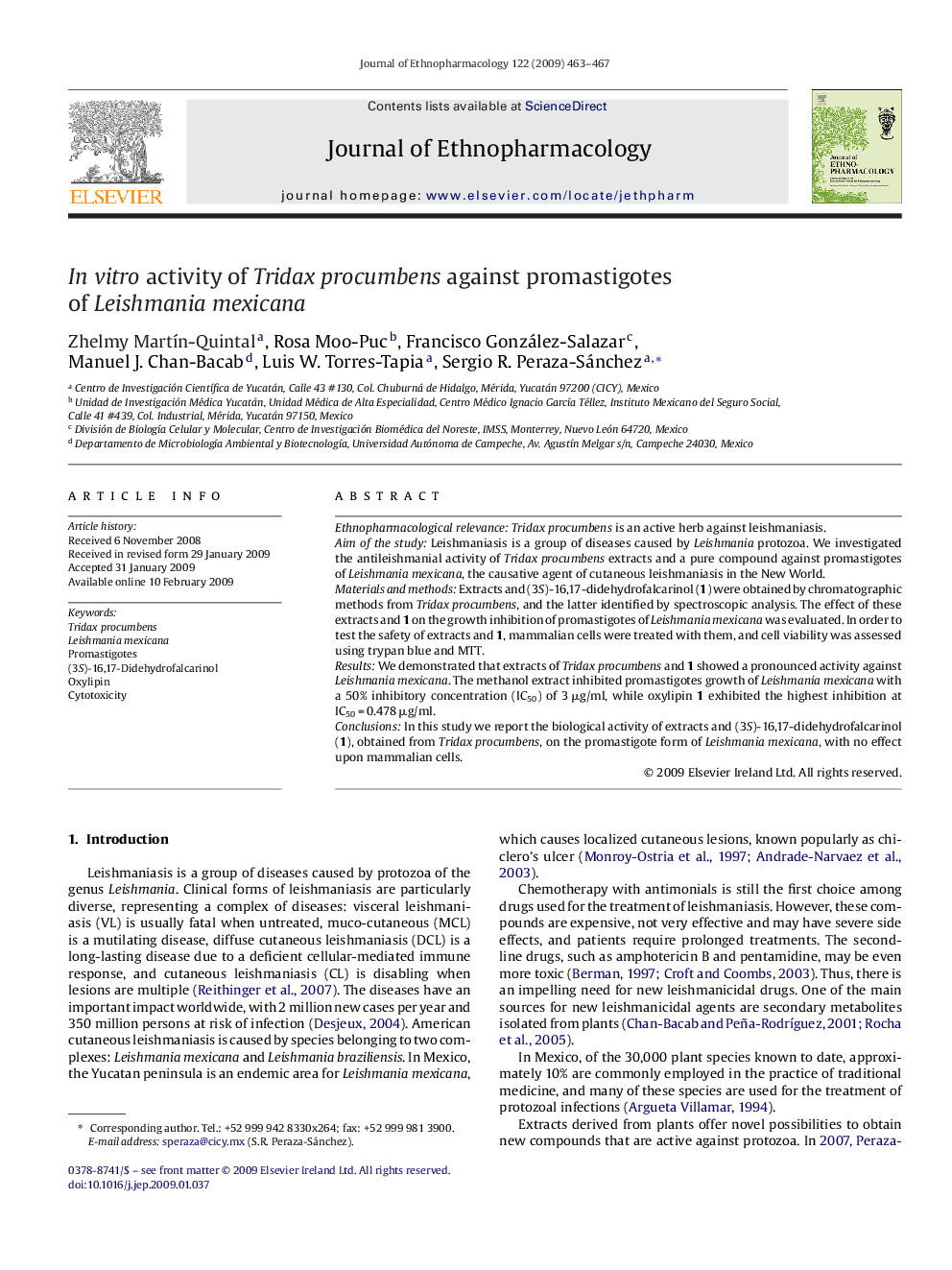 In vitro activity of Tridax procumbens against promastigotes of Leishmania mexicana