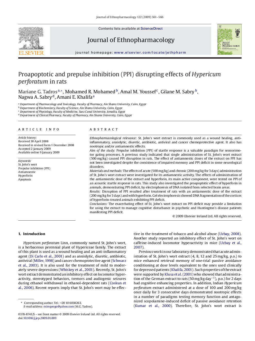 Proapoptotic and prepulse inhibition (PPI) disrupting effects of Hypericum perforatum in rats