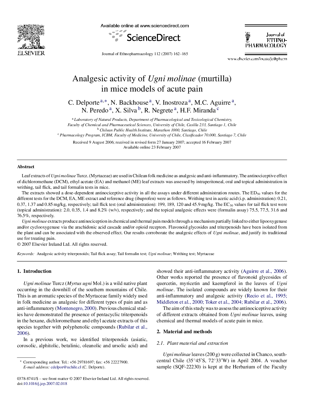 Analgesic activity of Ugni molinae (murtilla) in mice models of acute pain