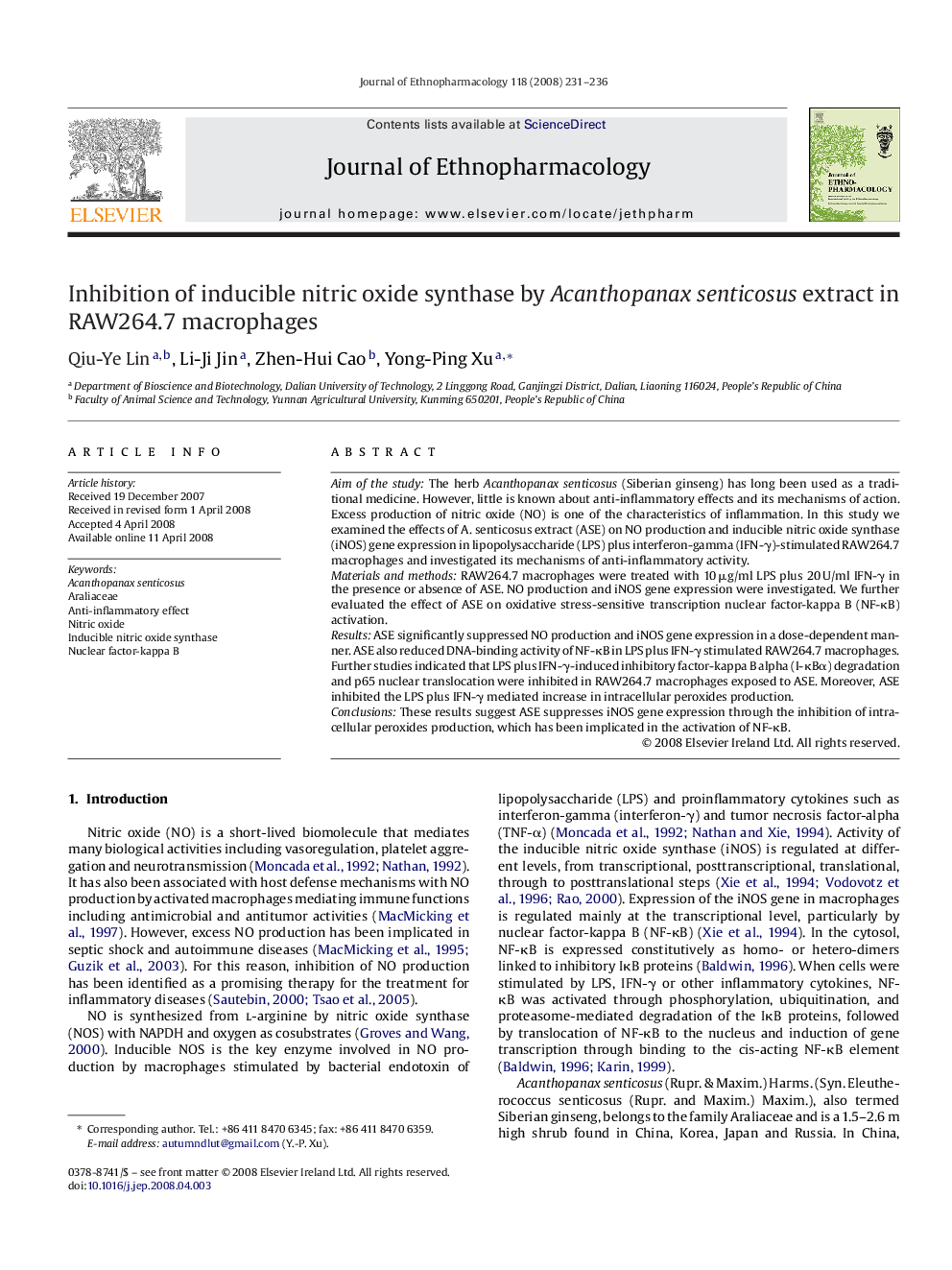 Inhibition of inducible nitric oxide synthase by Acanthopanax senticosus extract in RAW264.7 macrophages